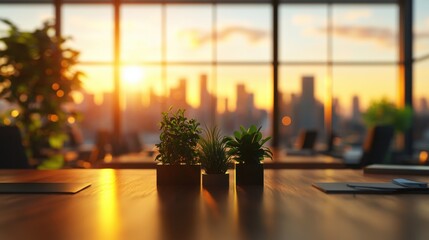Serene Sunset Cityscape View from Modern Office Desk with Plants