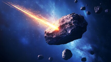 A rocky asteroid field planet with massive floating boulders and glowing streaks of light from shooting stars.