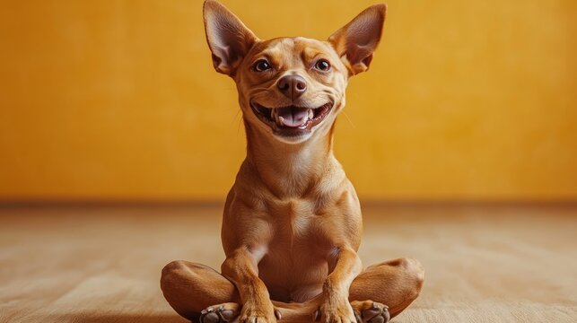 Small brown dog is sitting on the floor with its mouth open, looking happy. The dog's expression and posture suggest that it is enjoying a moment of relaxation and contentment