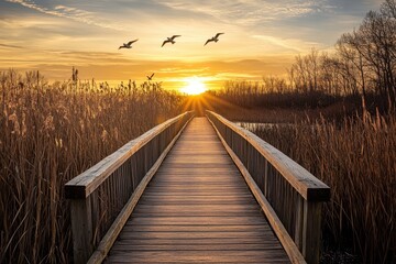 Fototapeta premium Sunset serenity a wooden boardwalk pathway over wetlands nature landscape photography tranquil environment wide-angle viewpoint for nature lovers