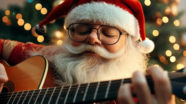 Santa Claus playing guitar in front of a beautifully lit Christmas tree.