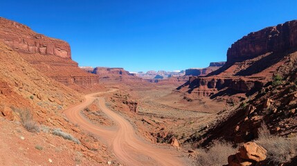 Naklejka premium Winding desert highway surrounded by red rock formations, under a clear blue sky, midday, 