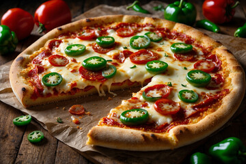 Rustic pizza: golden crust, stretchy mozzarella, fresh toppings, pepperoni, green peppers; slice lifted, wooden background