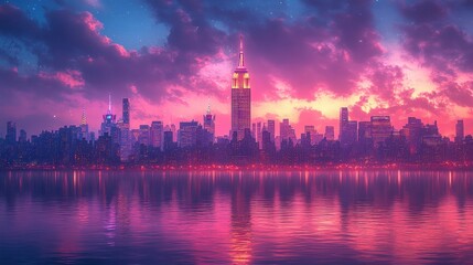 Vibrant pink sunset over a city skyline reflected in calm water.