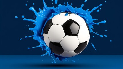 Naklejka premium Soccer ball is surrounded by blue paint, creating a splash effect. The ball is the main focus of the image, and the blue paint adds a sense of motion and energy to the scene