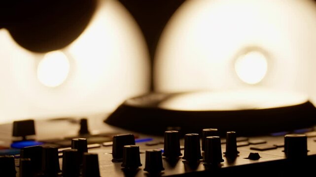 Dj fine-tunes knobs on a mixing console, generating an energetic atmosphere. Bright lights flash in the background, enhancing the vibrant club scene and engaging the crowd