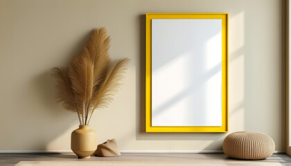 Elegant yellow frame, empty white Mockup canvas, Blank Mock-up Frame Canvas, modern yellow luxury interior, wall art presentation mockup, Picture frame, art presentation, Picture frame on a wall