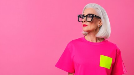 Obraz premium A woman in a pink shirt with a yellow square on it is wearing glasses and looking at the camera