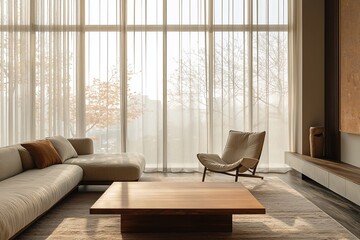 A modern minimalist interior design of a living room with large windows and an armchair and sofa. Generative AI
