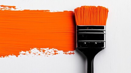 Paintbrush with orange paint on it is next to a white wall. The brush is black and the paint is...