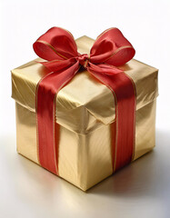 Obraz premium A golden gift box with a red ribbon bow, surrounded by festive decorations. Generative AI