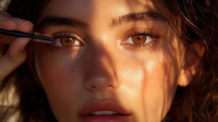 Obraz premium Close-up of a young woman getting her eyebrows styled with a brow brush in warm sunlight.