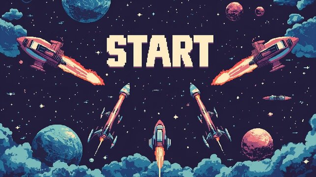 Retro pixel art with rockets launching into a starry galaxy with planets and the word "START" in bold text.