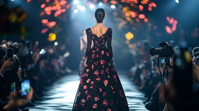 A female model in a black floral gown walks a runway under spotlights with photographers capturing the moment.