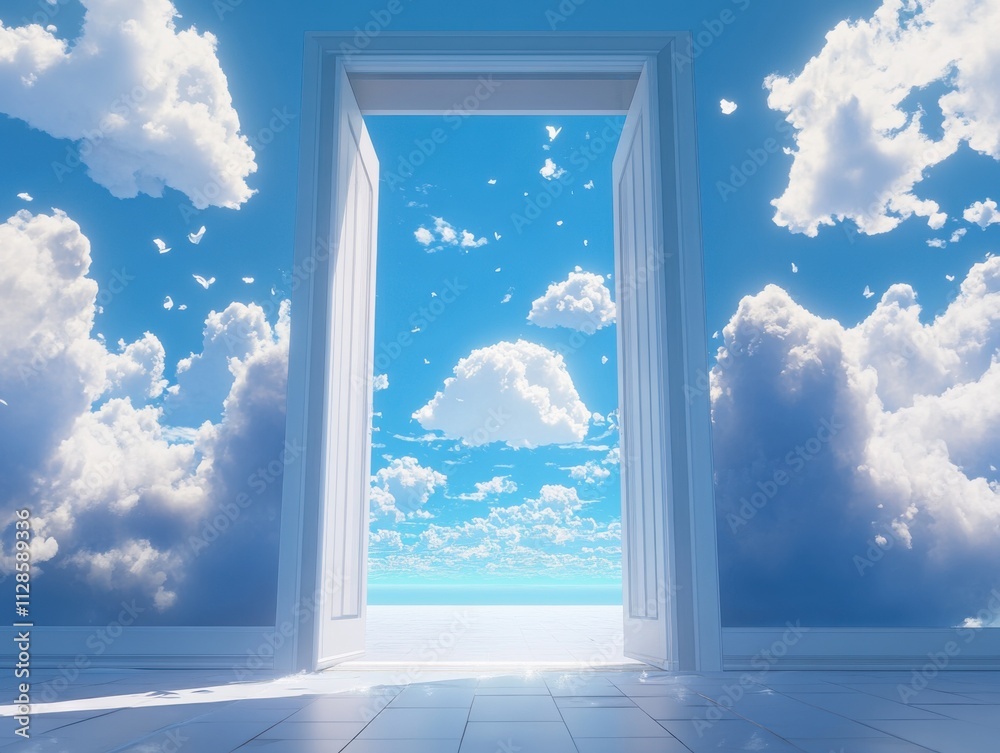Poster an open door leading to the sky, with fluffy white clouds and blue sky outside.this scene can repres