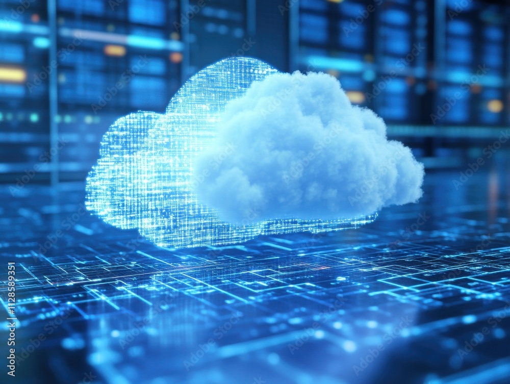Aufkleber Cloud on digital background with blurred data center symbolizing artificial intelligence and virtual connection between clouds and technologies for cloud computing concept.