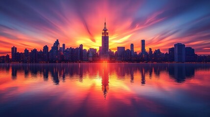 Obraz premium Vibrant sunrise over Manhattan skyline reflected in calm water.