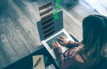 Woman do online exam on virtual screen. Answer a survey filling out a tech form. Quiz, test concept