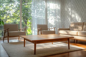 Minimalist, a japandi interior photo of a modern living room with windows visible and sofas and tables visible. Generative AI
