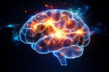 Glowing neural brain network: illuminated neural connections in a digital space