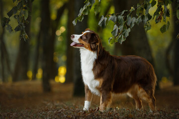 Fototapeta premium australian shepherd young dog portrait in colorful green park