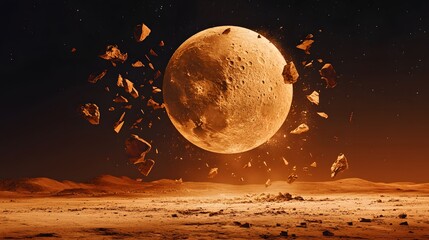 A shattered moon hovering over a red desert planet with sharp fragments of rock suspended in midair.