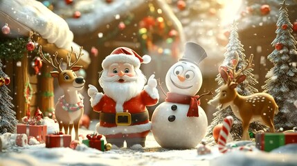 a scene with Santa, a snowman, and reindeer in a playful winter. Seamless looping time-lapse virtual 4k video animation background