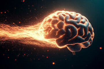 Fototapeta premium Glowing abstract brain with fiery energy stream on dark background