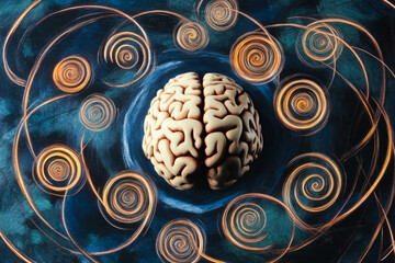 Intricate patterns surrounding human brain with swirling elements