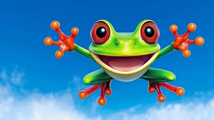 Frog is jumping in the air with its mouth open. The frog is smiling and he is happy
