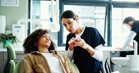 Consulting, mouth model and dentist with woman in clinic for cleaning, dental hygiene and...