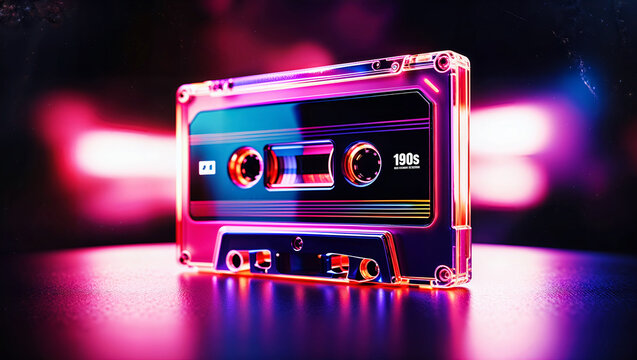Neon glowing cassette design inspired by the 90s audio era, perfect for nostalgic themes. Generative AI