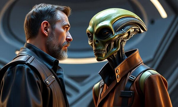 Encounter between humans and aliens in a futuristic setting with intense expressions and vibrant details