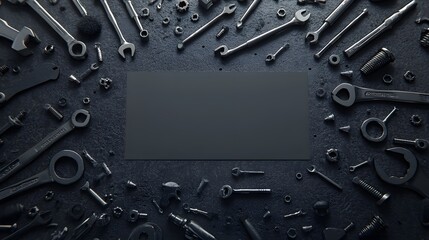 Fototapeta premium A slate gray background with scattered mechanical tools like wrenches bolts and screwdrivers framing the blank center.