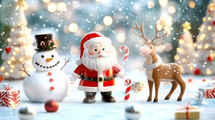 a scene with Santa, a snowman, and reindeer in a playful winter. Seamless looping time-lapse virtual 4k video animation background