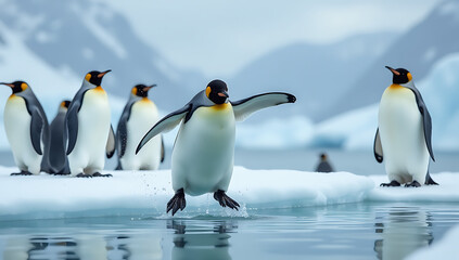 A PANGUIN JUMPING IN ICE WATER IN NORTH POLE 
THE ATMOSPHERE BEHIND THE PENGUINS IS VERY COLD , A GROUP OF PENGUINS STANDING IN NORTH POLE