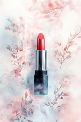 Red lipstick on watercolor floral background celebrating valentine's day