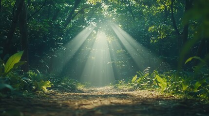 Obraz premium A foggy forest path with sunlight streaming through, representing natural moisture from plant transpiration