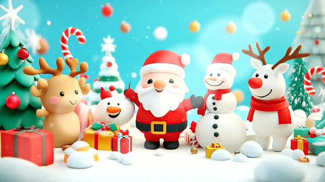 a scene with Santa, a snowman, and reindeer in a playful winter. Seamless looping time-lapse virtual 4k video animation background - Powered by Adobe