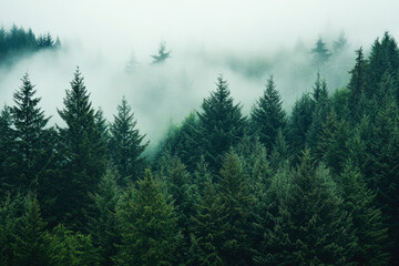 Fototapeta premium Misty pine forest with dense fog and evergreen trees