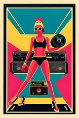 vintage retro gig poster featuring a pretty sexy young gogo dancer woman with speakers, music, dance, dancer, disco, club, nightclub, design, art, illustration, colorful, vibrant, party, entertainment