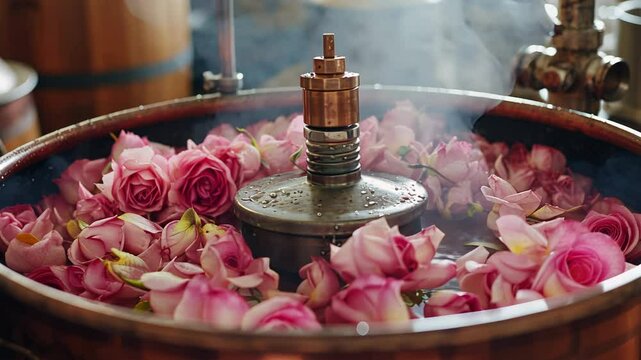 Copper distillation pot with pink rose petals for essential oil extraction. Aromatherapy and natural fragrance production.