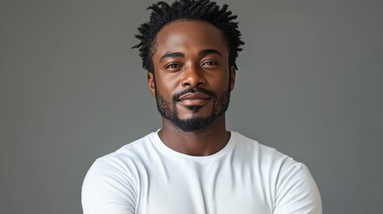 Obraz premium Man with a beard and dreadlocks is smiling for the camera. He is wearing a white shirt and is standing in front of a gray background