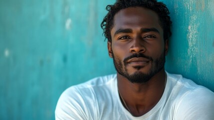 Obraz premium Man with a beard and a white shirt is leaning against a blue wall. He has a serious expression on his face