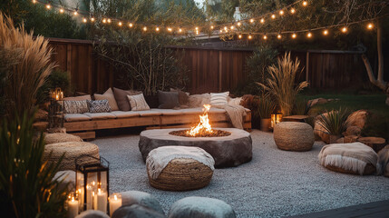 Fototapeta premium Bohemian outdoor seating area with a stone fire pit, low wooden stools, woven poufs, and a blanket-covered bench. Surrounded by driftwood, potted grasses, and string lights for a cozy, earthy ambiance