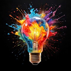 Creative Light Bulb Explosion with Colorful Paint and Splashes on Black Background