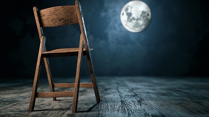 Naklejka premium A rustic wooden chair stands alone in a dimly lit room, illuminated by the soft glow of a full moon in the background.