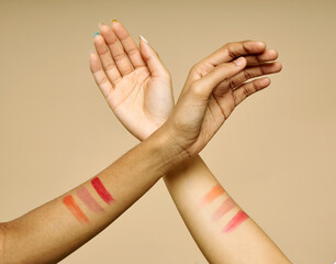 Skin Tone Makeup Swatches Peach Coral Rose Red Lipstick Shades