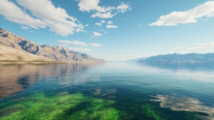 Fototapeta premium Serene Mountain Lake Clear Water Green Algae Sky Landscape