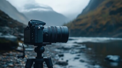 Professional Camera on Tripod Captures Breathtaking Mountain River Landscape Photography
